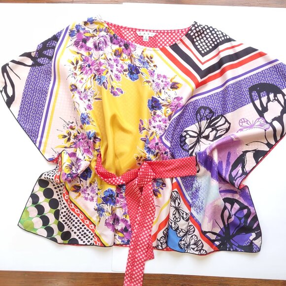 CAbi 100% Silk Scarf Top w/ Belt Kimono Style Polka Dot Floral Artsy Size Small - Picture 11 of 14